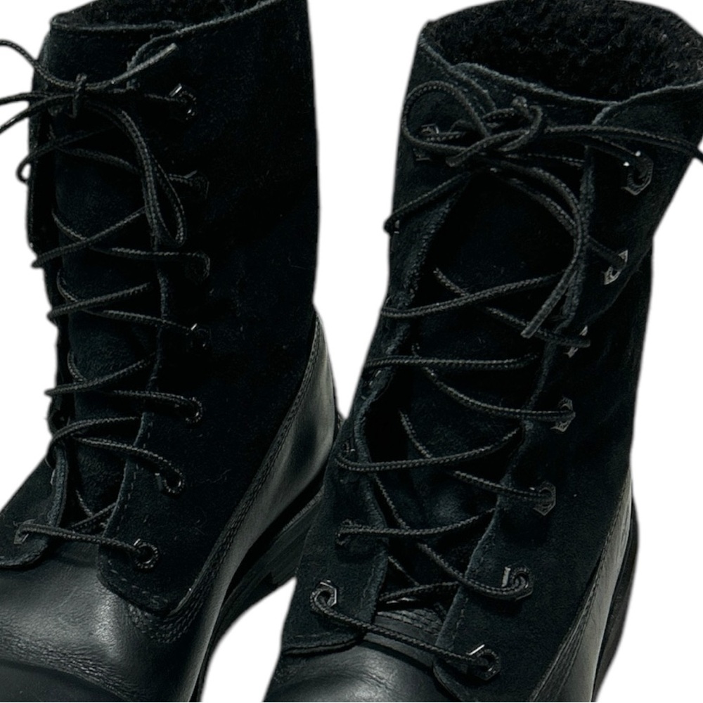 Timberland Black Leather Teddy Fleece Waterproof Fold Down Boots Lace Up Sz 9 - Picture 6 of 16